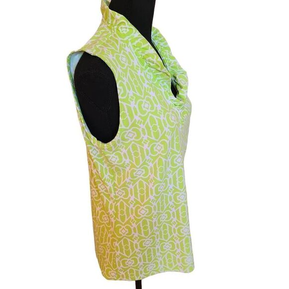 Sunsets and Sweet Tea UPF Green White Print Sleeveless Ruffle Collar Top Medium - Picture 3 of 10